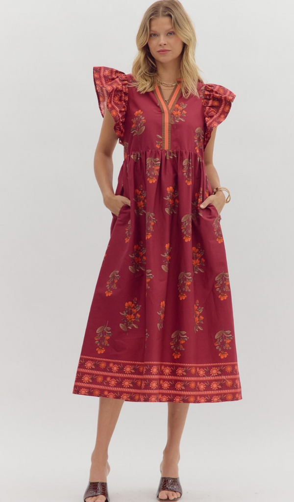 FLUTTER SLEEVE PRINT DRESS - GARNET