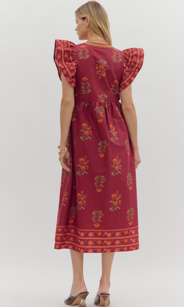 FLUTTER SLEEVE PRINT DRESS - GARNET