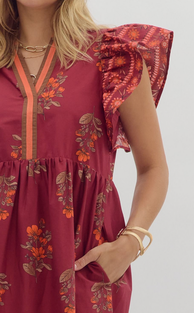 FLUTTER SLEEVE PRINT DRESS - GARNET