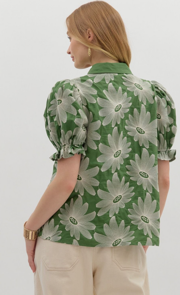 EMBROIDERED PUFF SLEEVE TOP - GREEN
