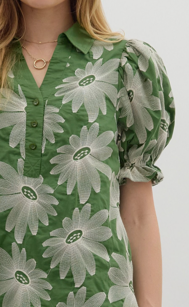 EMBROIDERED PUFF SLEEVE TOP - GREEN