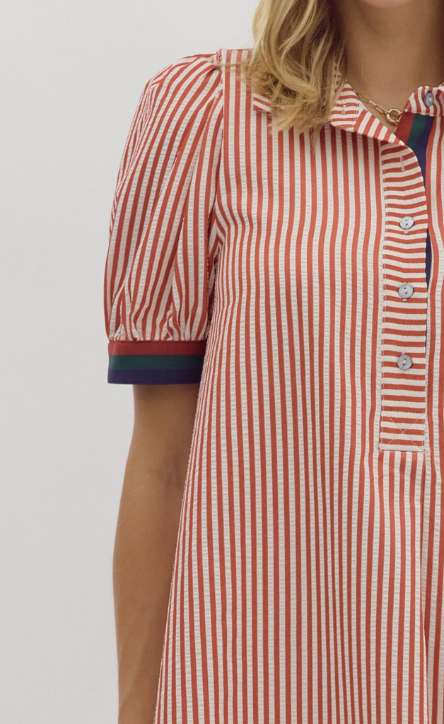 PUFF SLEEVE STRIPE DRESS - BRICK