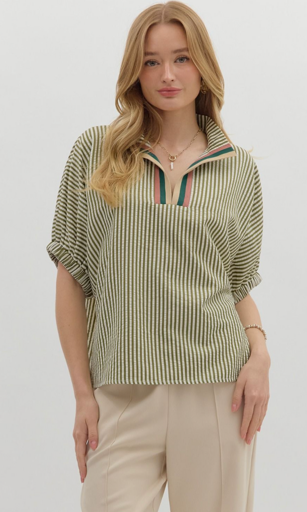 STRIPE DOLMAN SLEEVE TOP - OLIVE