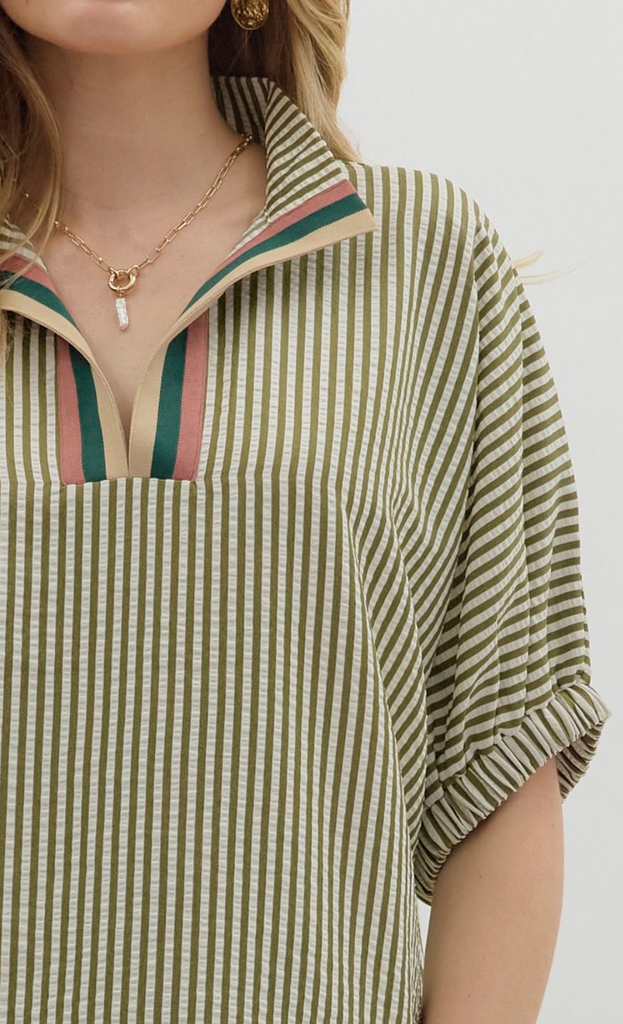 STRIPE DOLMAN SLEEVE TOP - OLIVE