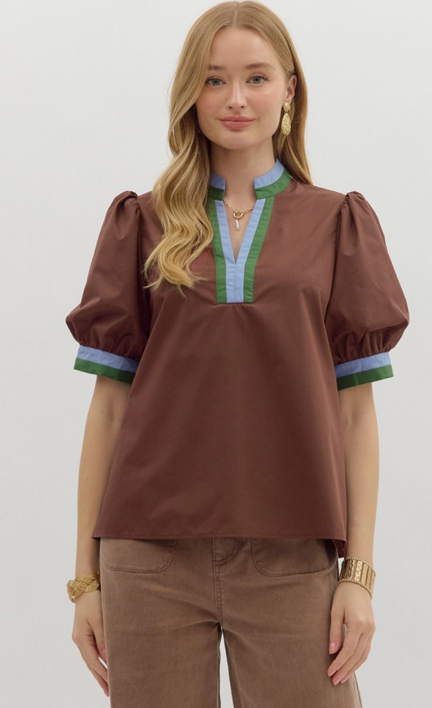 SOLID PUFF SLEEVE TOP - CHOCOLATE