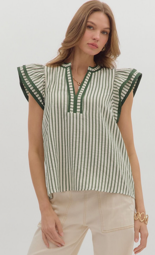 FLUTTER SLEEVE SPLIT VNECK TOP - PINE