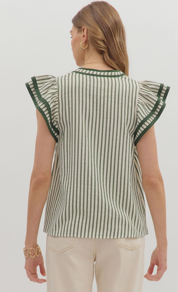 FLUTTER SLEEVE SPLIT VNECK TOP - PINE