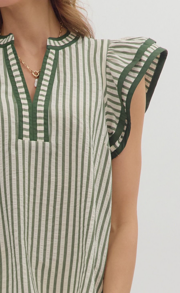 FLUTTER SLEEVE SPLIT VNECK TOP - PINE