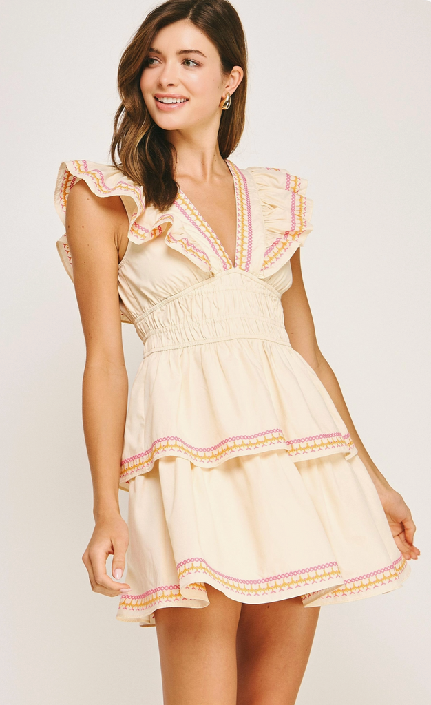 CONTRAST EMBROIDERY RUFFLED MINI DRESS - CREAM/PINK