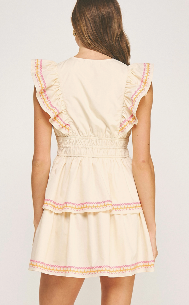 CONTRAST EMBROIDERY RUFFLED MINI DRESS - CREAM/PINK