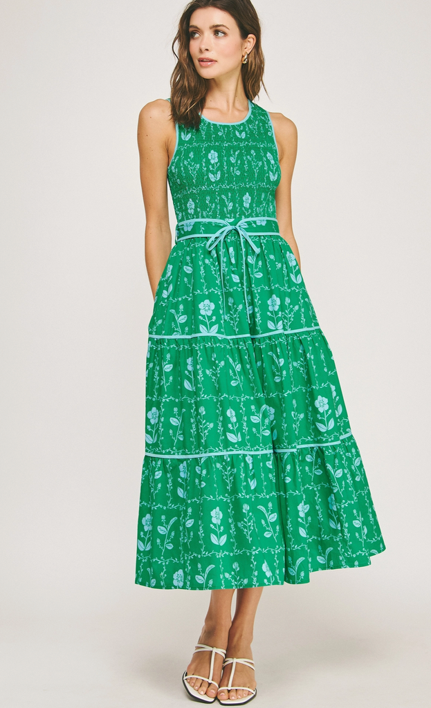 FLORAL PRINT SMOCKED MIDI DRESS - GREEN/BLUE