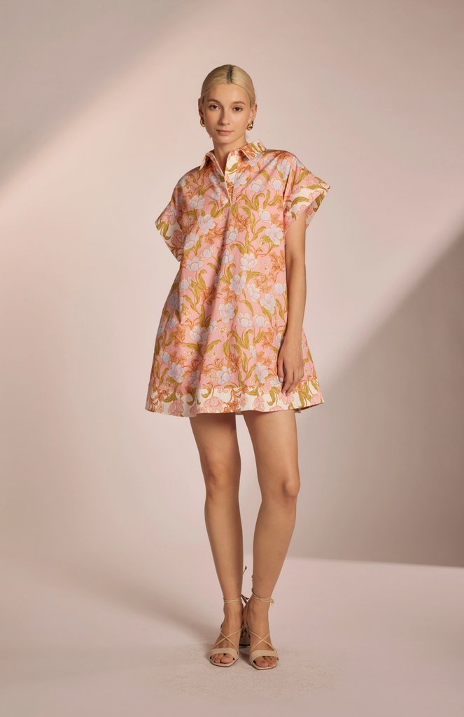 FLORAL PRINT MINI SHIRT DRESS - PINK