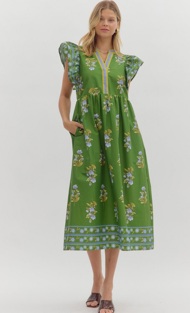 FLUTTER SLEEVE PRINT DRESS - GREEN