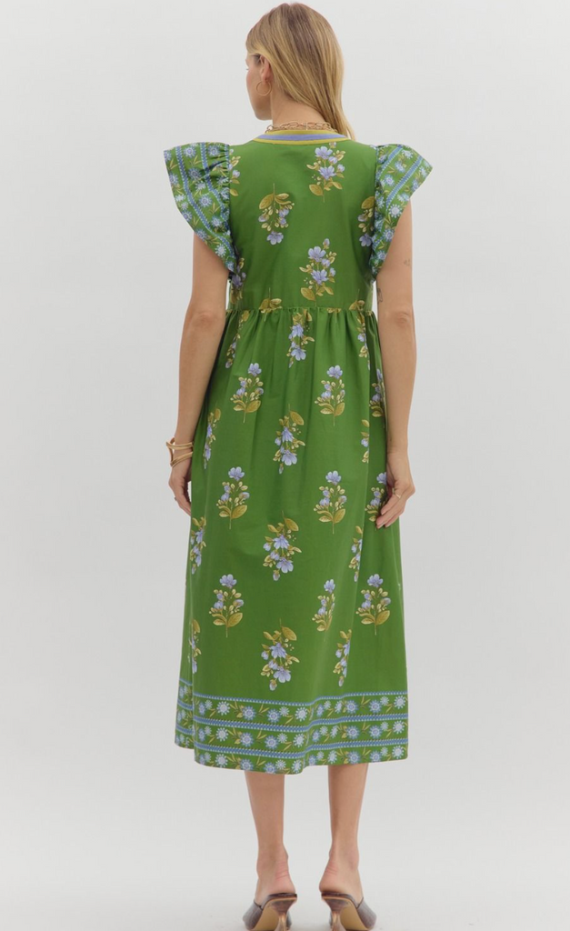 FLUTTER SLEEVE PRINT DRESS - GREEN