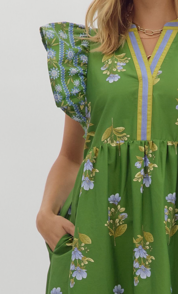 FLUTTER SLEEVE PRINT DRESS - GREEN