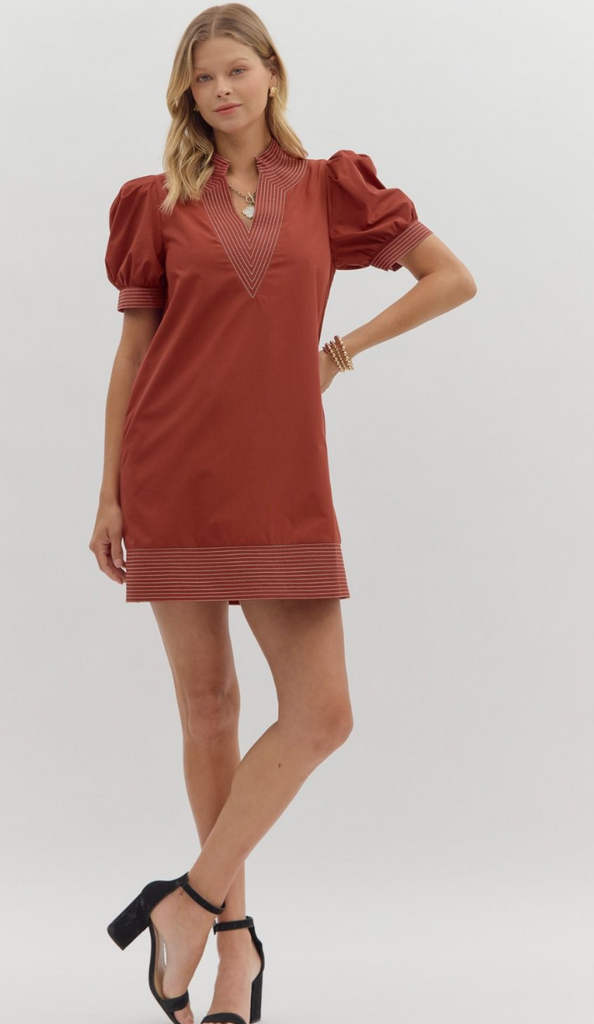 SOLID PUFF SLEEVE MINI DRESS WITH CONTRAST STITCHING - BRICK
