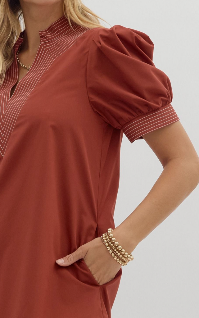 SOLID PUFF SLEEVE MINI DRESS WITH CONTRAST STITCHING - BRICK