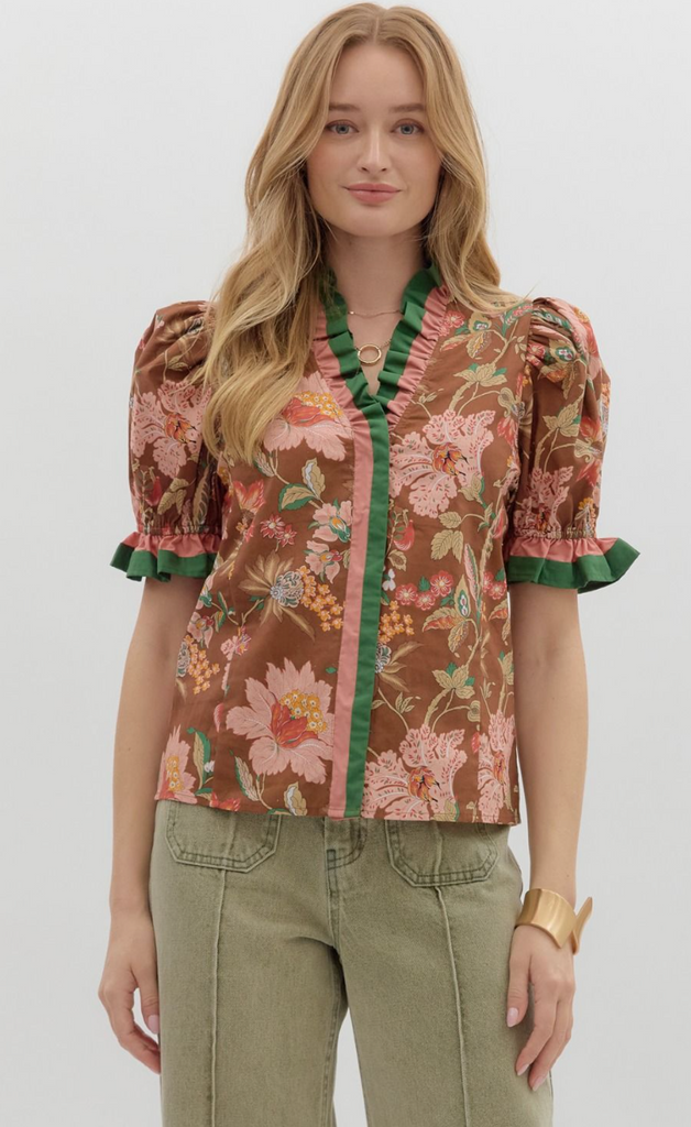 PUFF SLEEVE PRINT TOP WITH RUFFLE TRIM - BROWN
