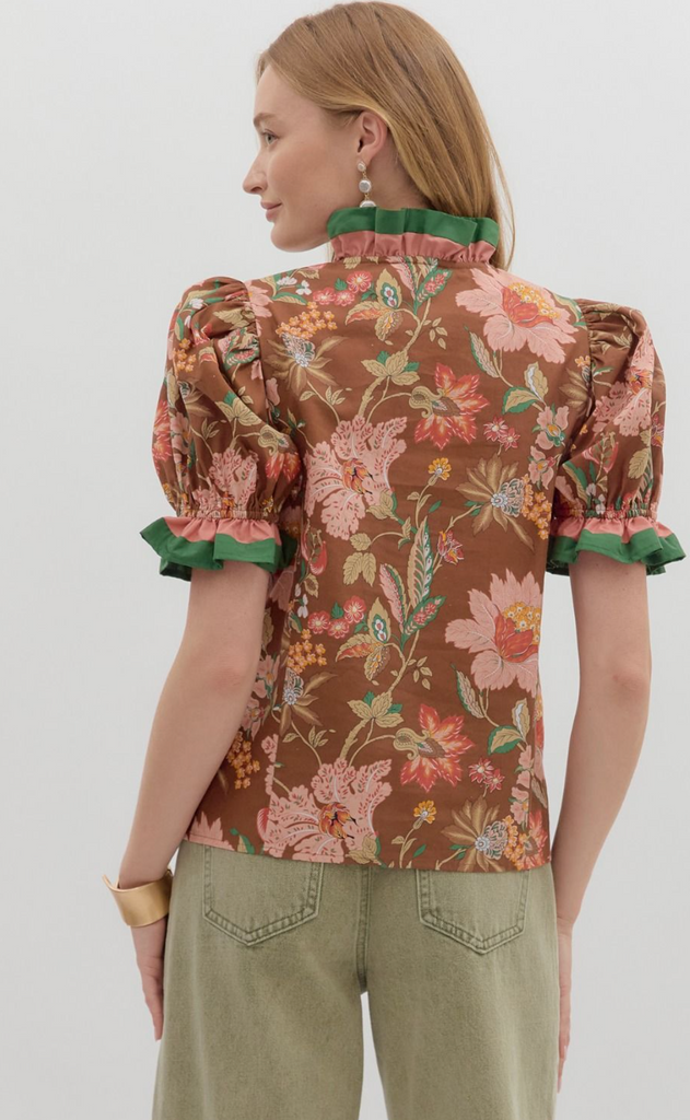 PUFF SLEEVE PRINT TOP WITH RUFFLE TRIM - BROWN