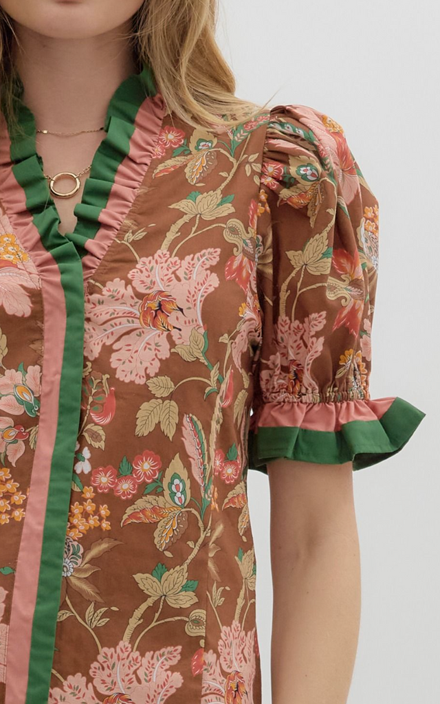 PUFF SLEEVE PRINT TOP WITH RUFFLE TRIM - BROWN
