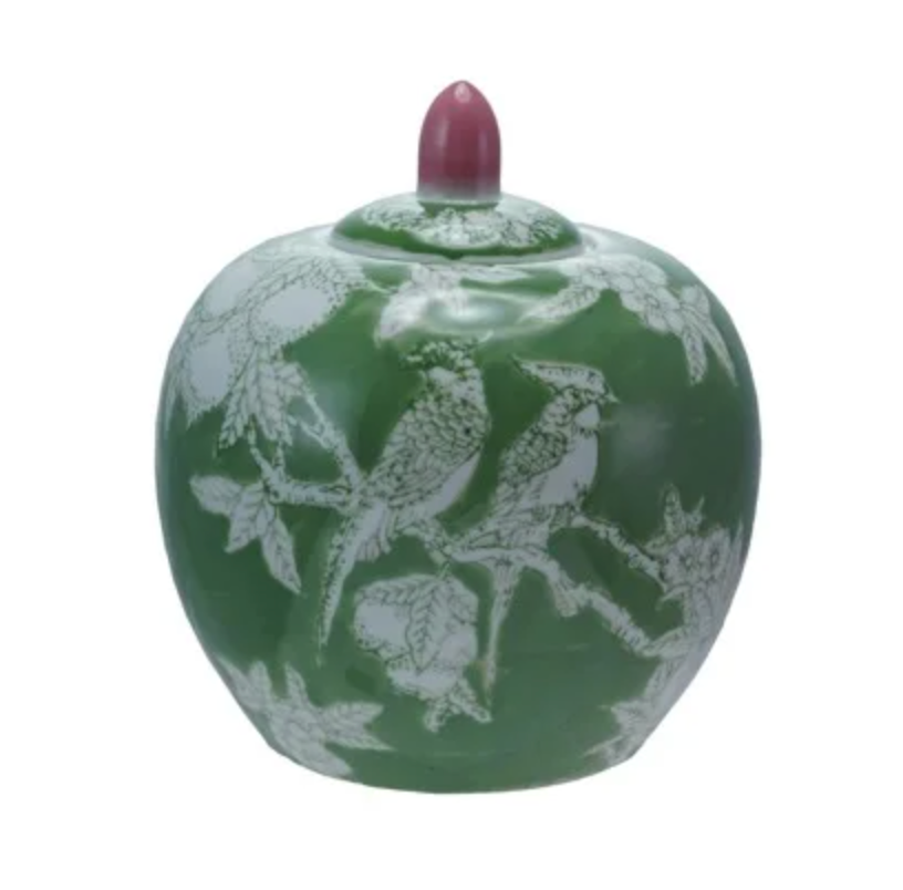 STONEWARE GINGER JAR WITH BIRDS - IN STORE PICK UP ONLY