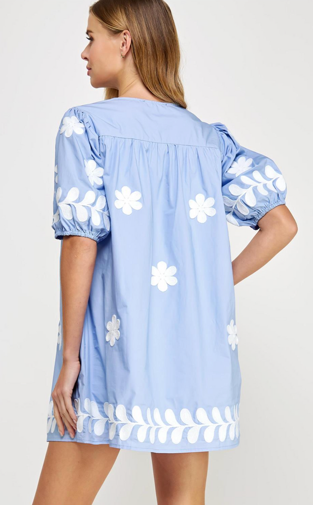 FLOWER EMBROIDERY COTTON MINI DRESS - CHAMBRAY/WHITE