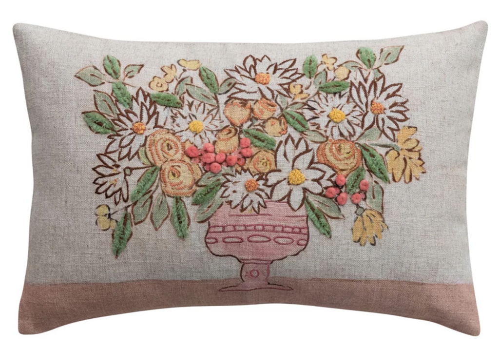 LINEN BLEND EMBROIDERED LUMBAR PILLOW WITH FLOWERS IN VASE