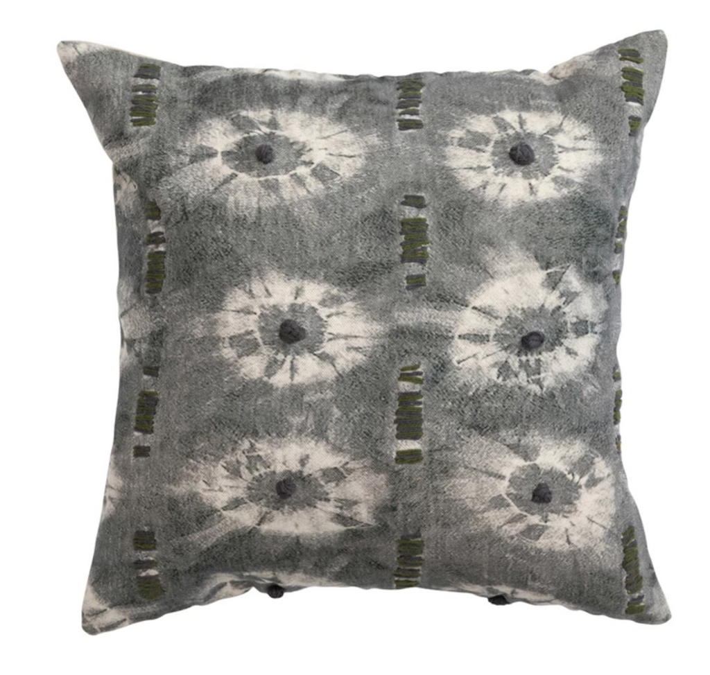 18" LINEN PRINTED PILLOW WITH HAND-EMBROIDERY - GREY