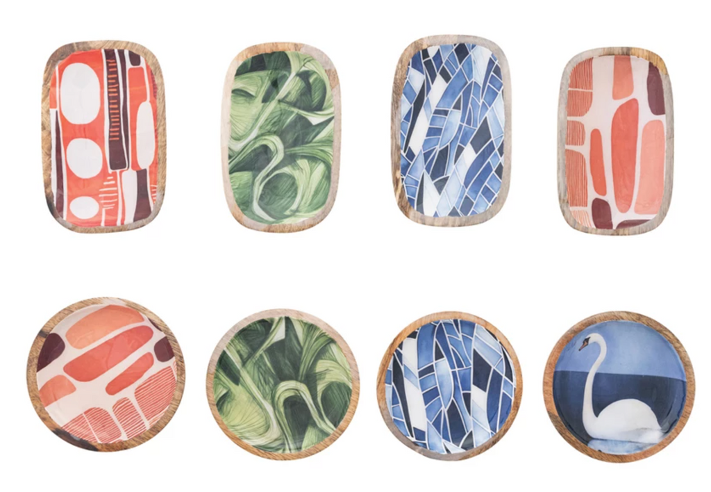 ENAMELED MANGO WOOD DISH WITH DESIGN - 8 STYLES