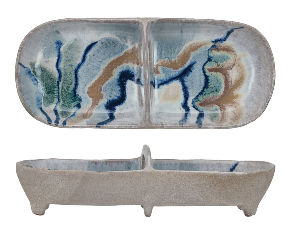 STONEWARE FOOTED DISH WITH 2 SECTIONS AND HANDLE - IN STORE PICK UP ONLY