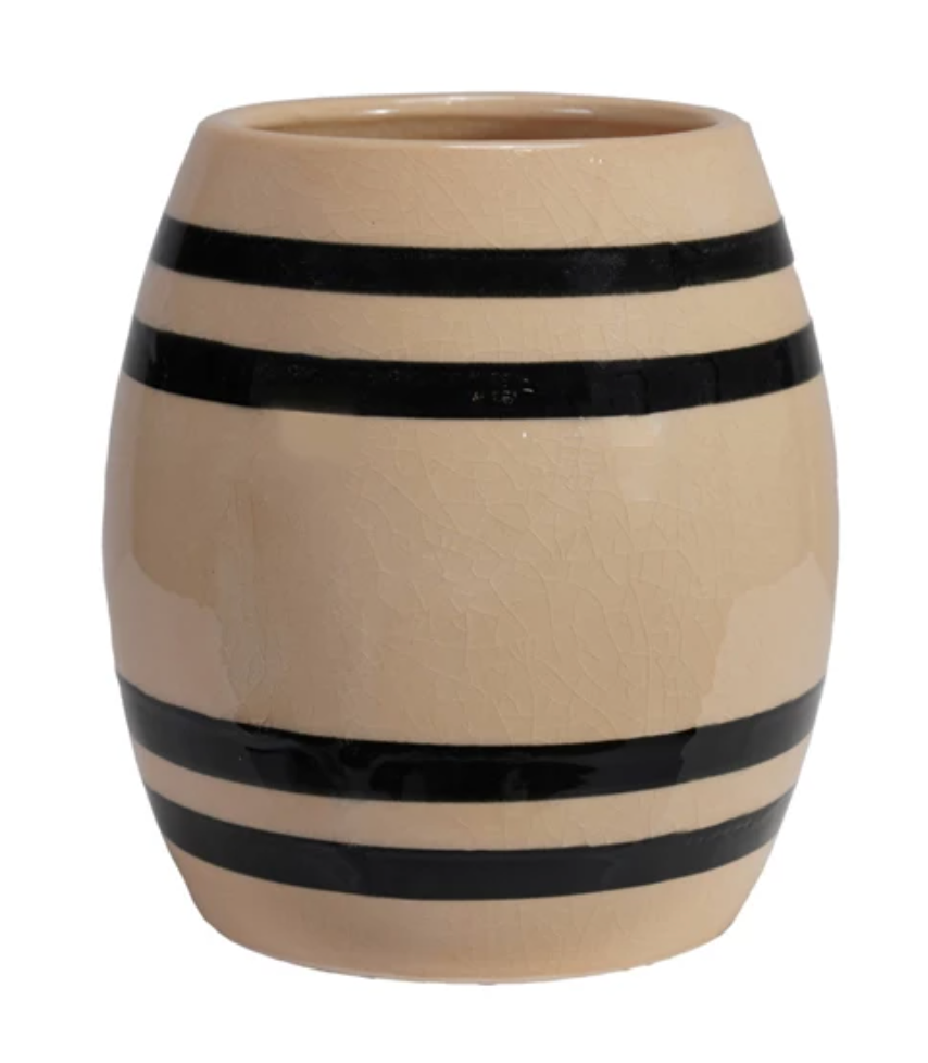STONEWARE VINTAGE REPRODUCTION CROCK WITH STRIPES - BLACK/CREAM