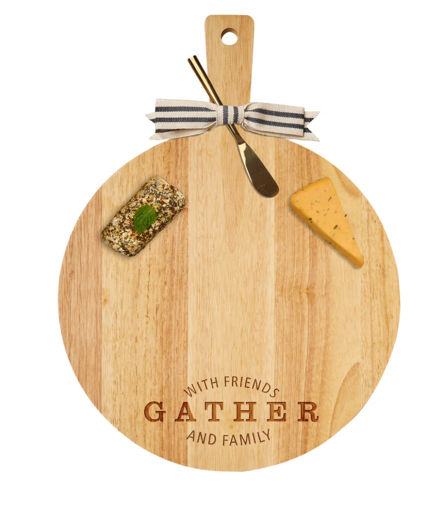 19X14 RUBBER WOOD THICK HANDLE ROUND CUTTING BOARD WITH GOLD SPREADER - MILTON - IN STORE PICK UP ONLY