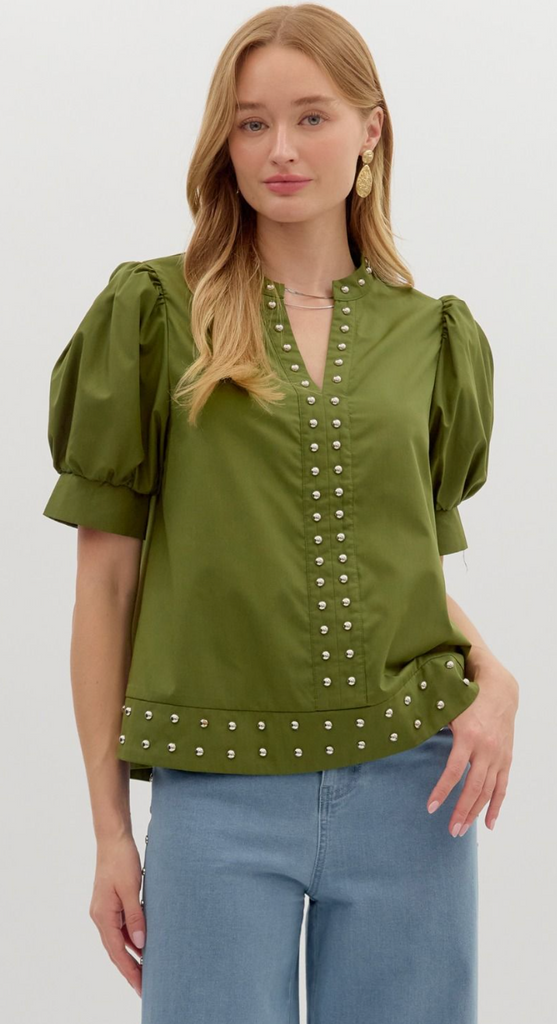 PUFF SLEEVE TOP WITH STUD DETAIL