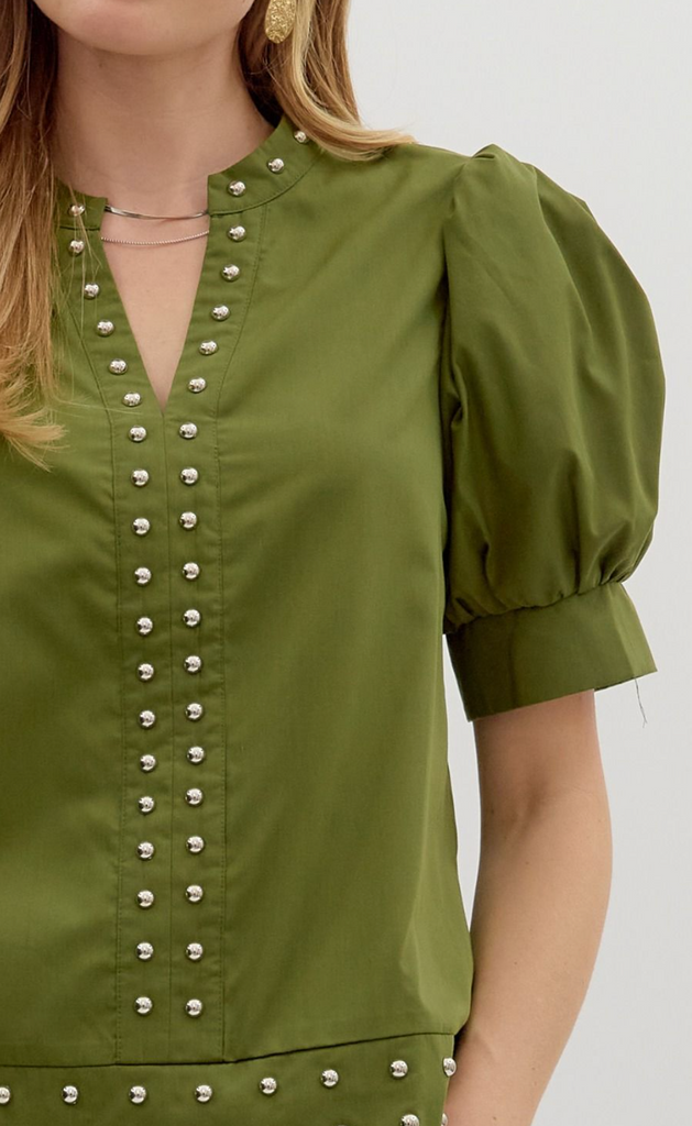 PUFF SLEEVE TOP WITH STUD DETAIL