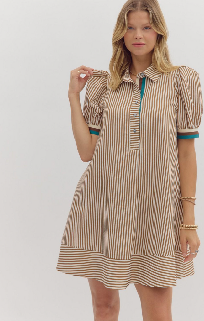 STRIPED PATTERN SWING DRESS - CARAMEL