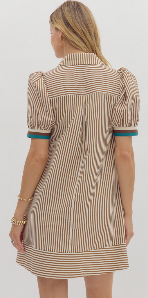 STRIPED PATTERN SWING DRESS - CARAMEL
