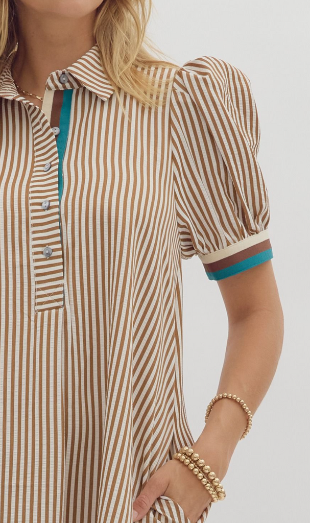 STRIPED PATTERN SWING DRESS - CARAMEL