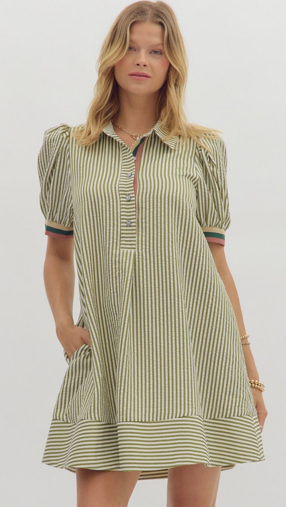 STRIPED PATTERN SWING DRESS - OLIVE