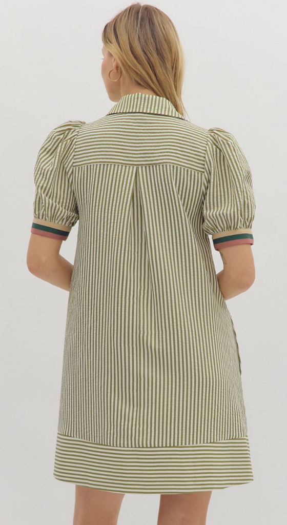 STRIPED PATTERN SWING DRESS - OLIVE