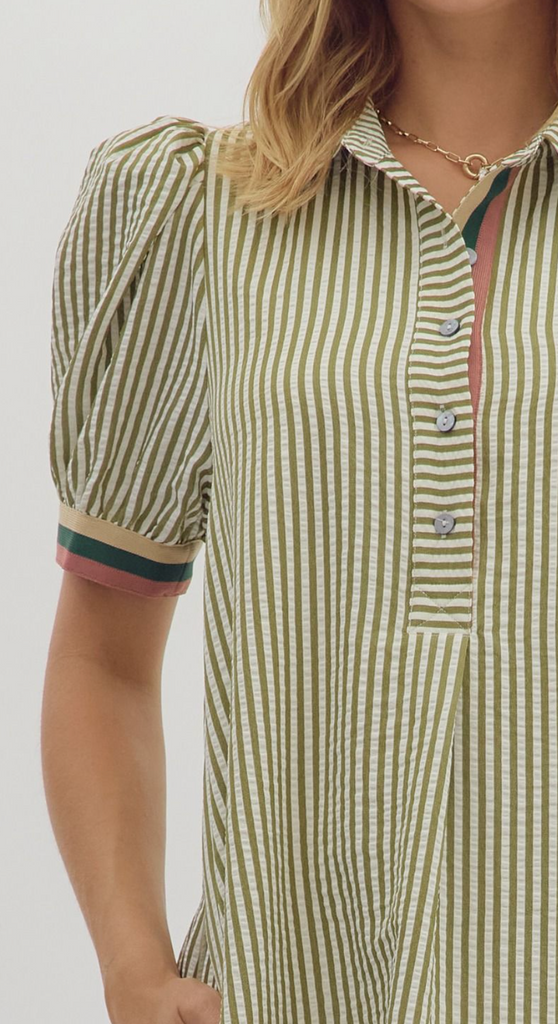 STRIPED PATTERN SWING DRESS - OLIVE