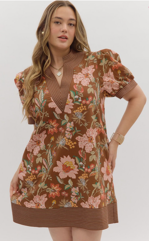 FLORAL PATTERN PUFF SLEEVE MINI DRESS - BROWN