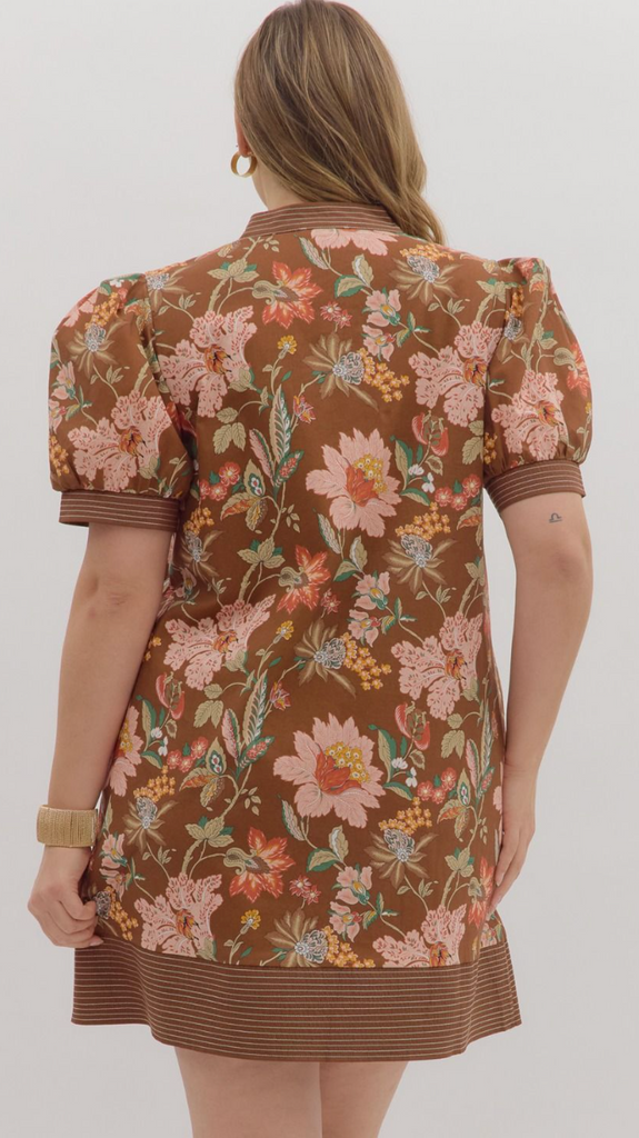 FLORAL PATTERN PUFF SLEEVE MINI DRESS - BROWN