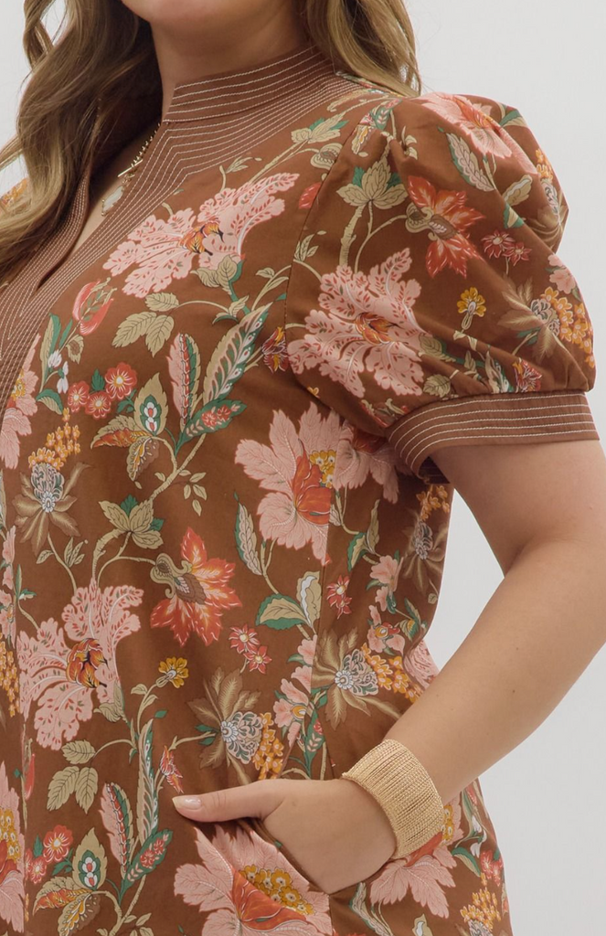 FLORAL PATTERN PUFF SLEEVE MINI DRESS - BROWN