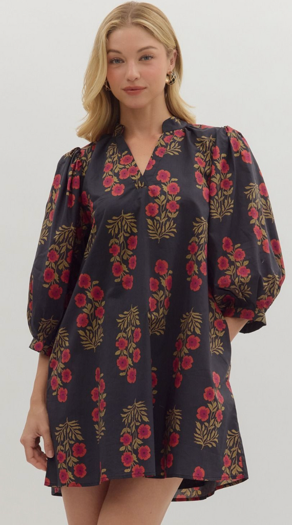 FLORAL PATTERN V-NECK MINI DRESS - BLACK