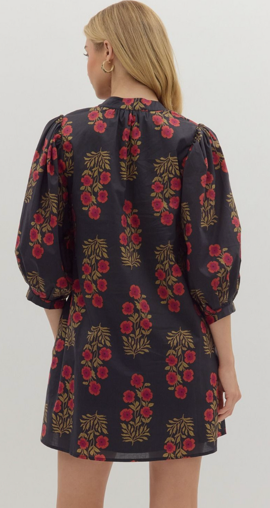 FLORAL PATTERN V-NECK MINI DRESS - BLACK