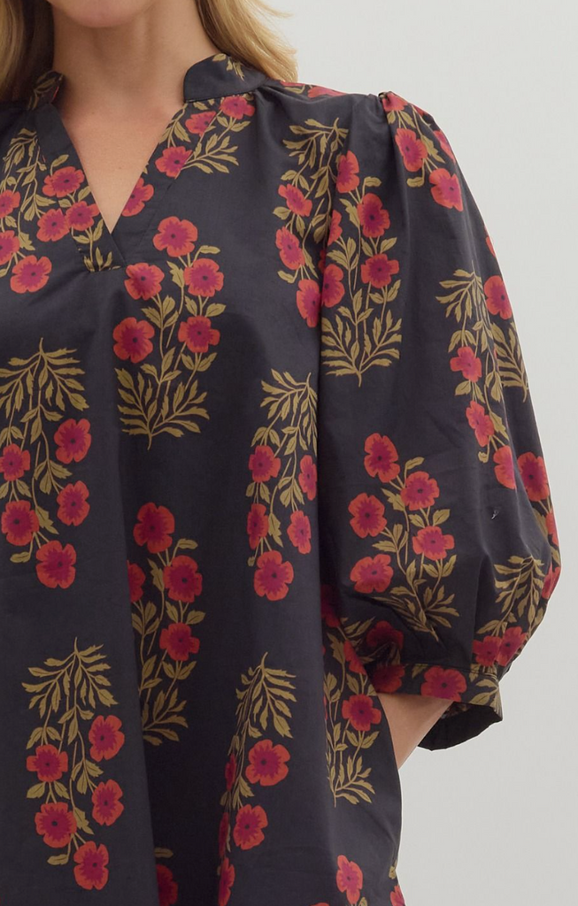 FLORAL PATTERN V-NECK MINI DRESS - BLACK