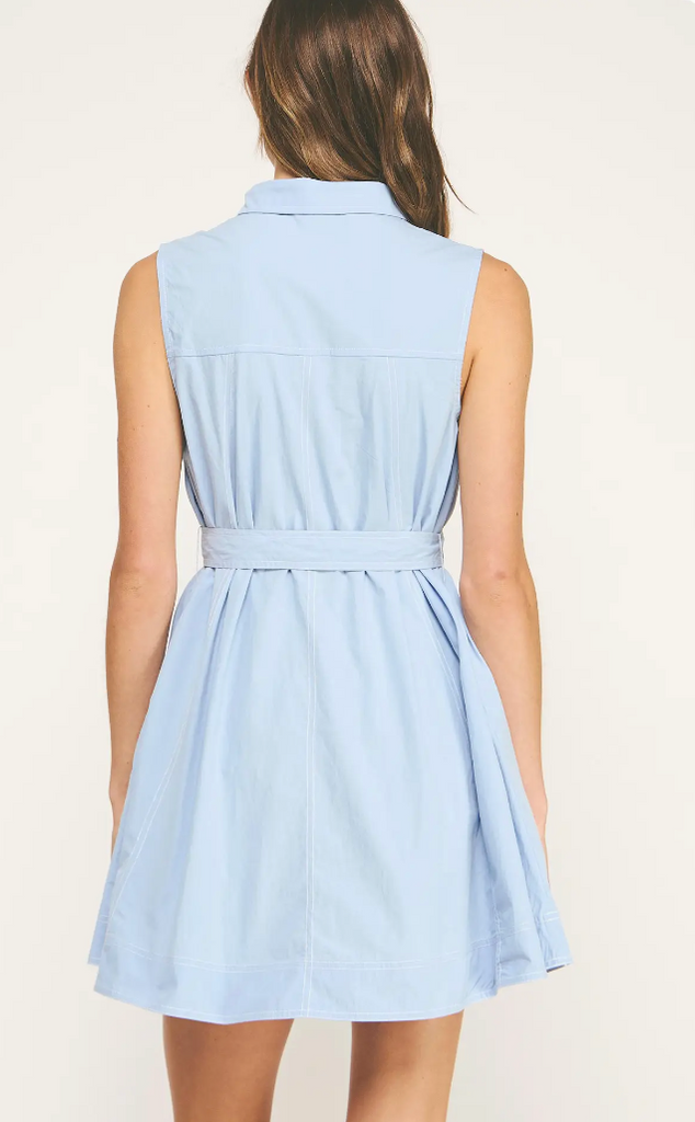 CONTRAST TOP STITCH MINI SHIRT DRESS - CHAMBRAY