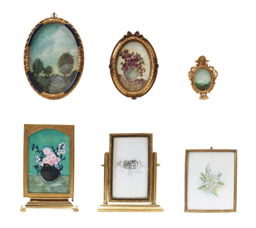 PEWTER AND GLASS PHOTO FRAMES WITH ART - 6 STYLES