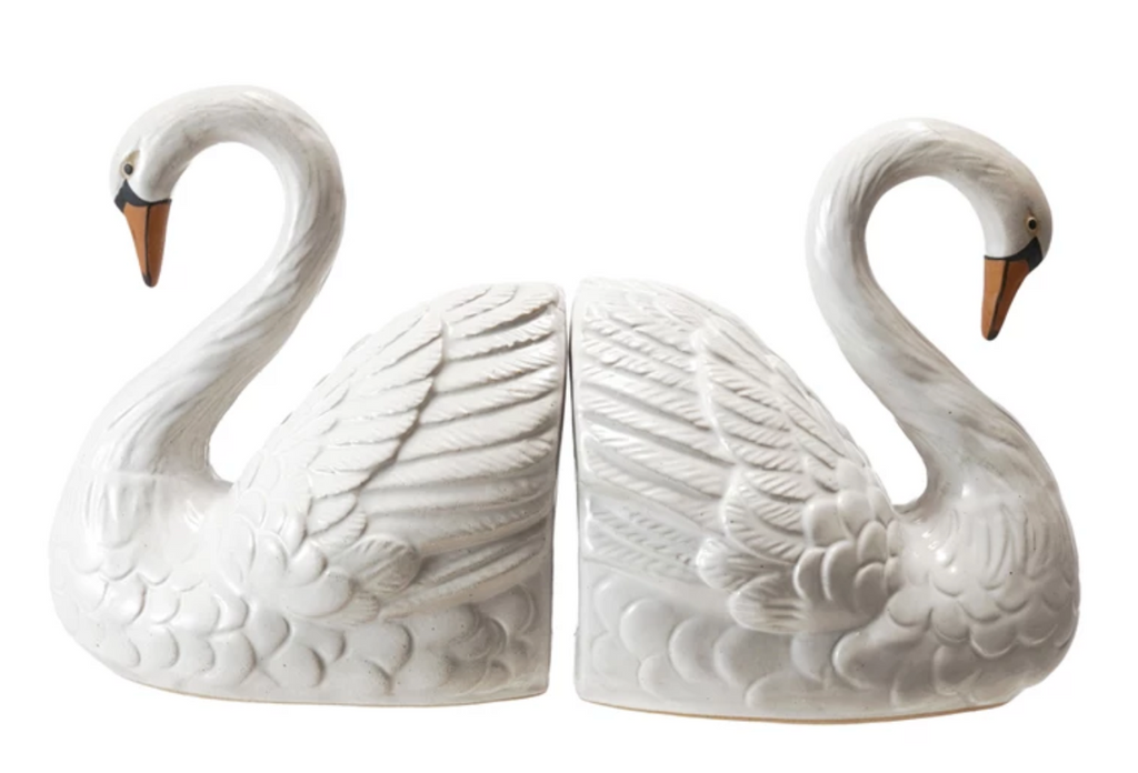 STONEWARE SWAN BOOKENDS - WHITE - SET OF 2