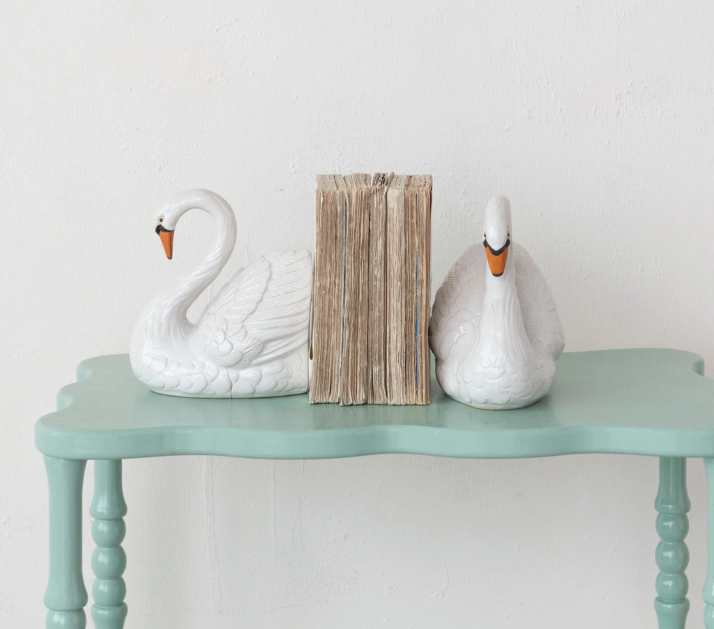 STONEWARE SWAN BOOKENDS - WHITE - SET OF 2